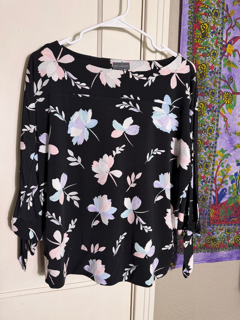 The Limited Petite Large Floral Blouse Black Pastel Tie Sleeve 3/4 Sleeve Top